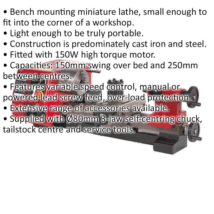 250mm Metalworking Mini Lathe - Bench Mounting - 150W High Torque Motor Loops