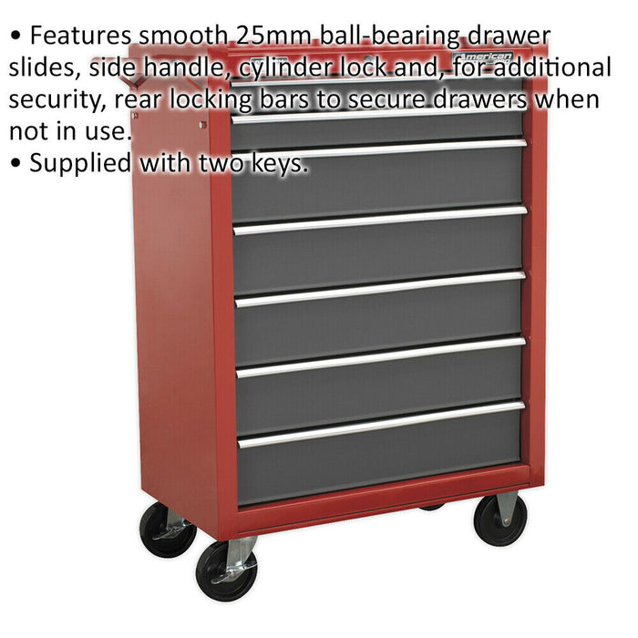 620 x 330 x 885mm 7 Drawer RED Portable Tool Chest Locking Mobile Storage Box Loops