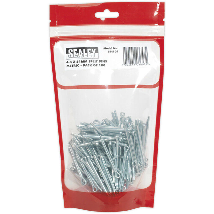 100x Split-Pins Pack - 4.8mm x 51mm Metric - Split Cotter Pin Zinc Plated Steel Loops