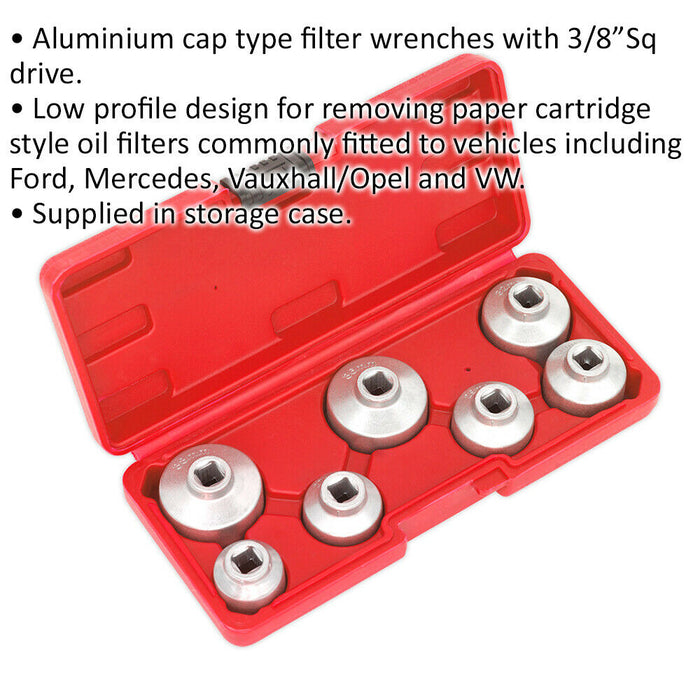 7 Piece Oil Filter Cap Wrench Set - 3/8" Sq Drive - Low Profile Design - Case Loops