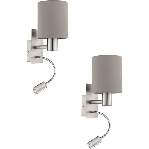 2 PACK Wall Light Colour Satin Nickel Shade Taupe Fabric E27 LED 1x40W 1x3.5W Loops