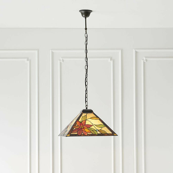 Tiffany Glass Hanging Ceiling Pendant Light Bronze & Square Flower Shade i00131 Loops