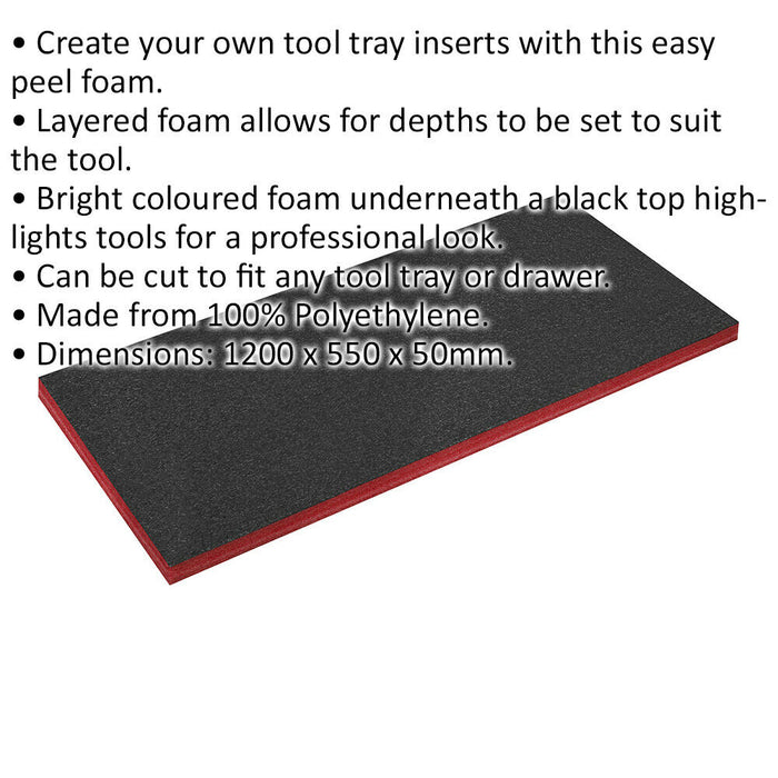 1200 x 550 x 50mm RED Easy Peel / Cut Shadow Foam - Tool Chest / Flight Case Loops