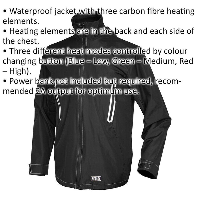 5V Heated Rain Jacket - Carbon Fibre Heating Elements - Small - Waterproof Loops
