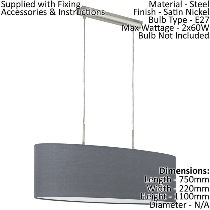 Pendant Light Colour Satin Nickel Steel Shade Grey Fabric Bulb E27 2x60W Loops