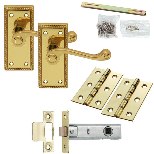 Door Handle & Latch Pack Brass Short Victorian Scroll Lever Turn Backplate Loops