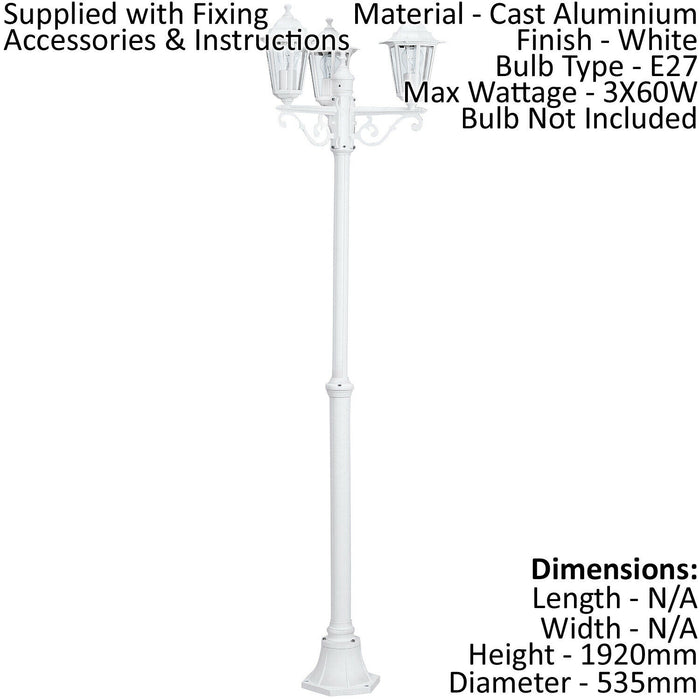 IP44 Outdoor Bollard Light White Aluminium Lantern 3 Arm 60W E27 Bulb Lamp Post Loops