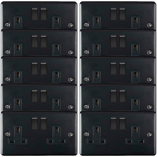 10 PACK 2 Gang Double UK Plug Socket MATT BLACK 13A Switched Power Outlet Loops