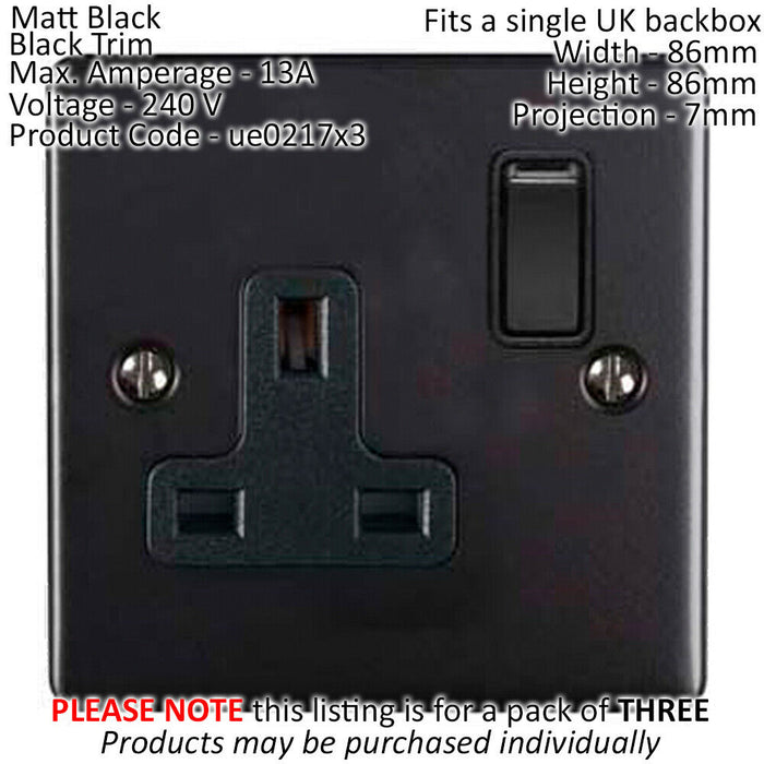 3 PACK 1 Gang Single UK Plug Socket MATT BLACK 13A Switched Power Outlet Loops