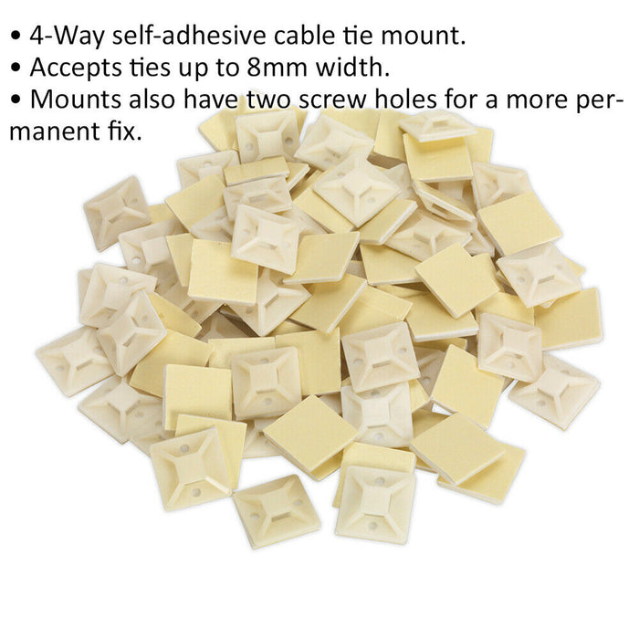 100 PACK Self-Adhesive 4-Way Cable Tie Mount - 30 x 30mm - 5mm Tie Width - White Loops