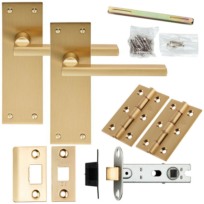 Door Handle & Latch Pack Satin Brass Straight Flat Bar Lever Slim Backplate Loops