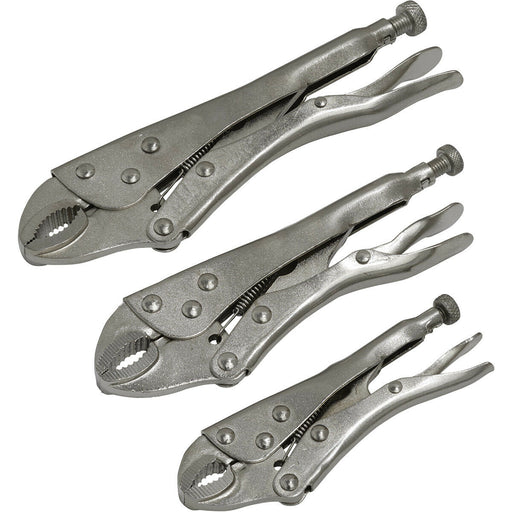 3 Piece Curved Locking Pliers Set - 125mm 175mm & 215mm - Drop Forged Steel Jaws Loops