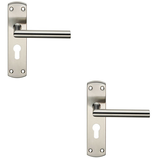 2x Mitred Lever Door Handle on Euro Lock Backplate 172 x 44mm Satin Steel Loops