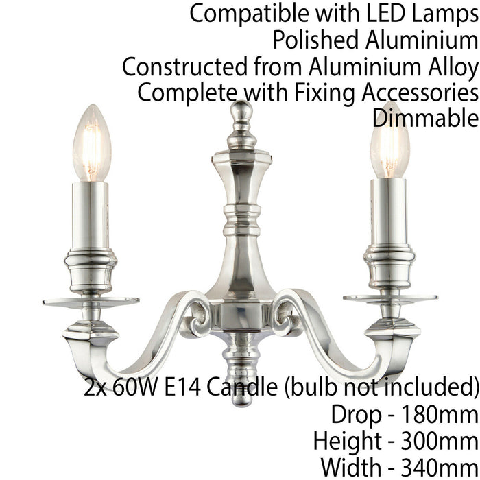 Dimmable Twin Wall Light Polished Aluminium Candelabra Style Modern Lamp Fitting Loops