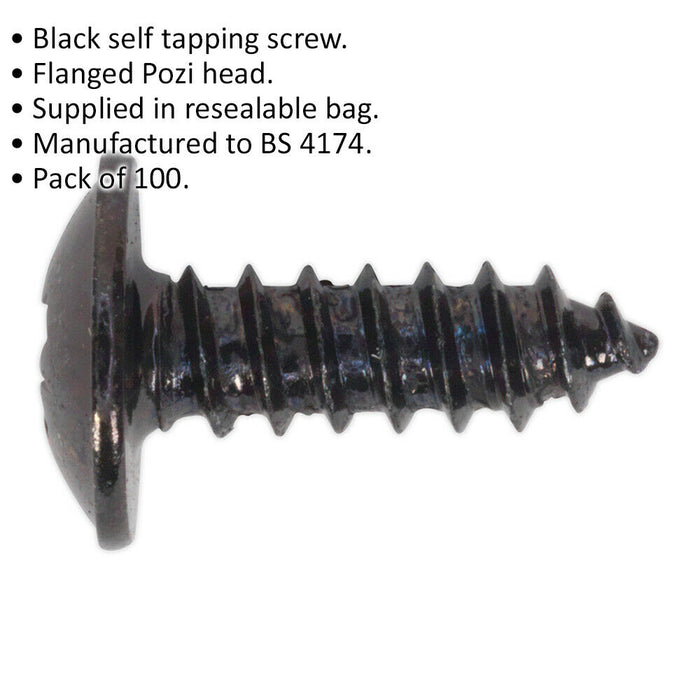 100 PACK 4.2 x 13mm Self Tapping Black Screw - Flanged Pozi Head - Fixings Screw Loops