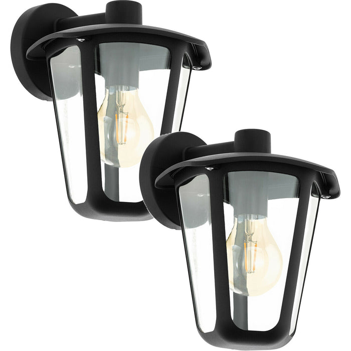 2 PACK IP44 Outdoor Wall Light Black Glass Lantern 60W E27 Porch Lamp Down Loops