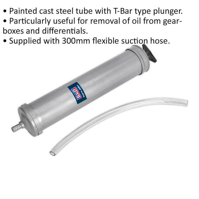 500ml Oil Suction Syringe - Cast Steel Metal Body - T-Bar Plunger - 300mm Hose Loops