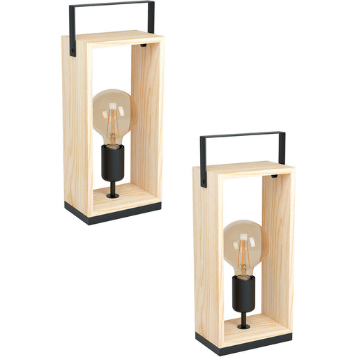 2 PACK Table Lamp Desk Light Black & Natural Steel & Wood Box 1x 40W E27 Loops