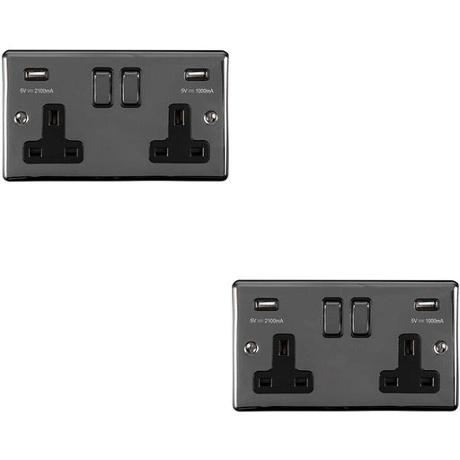 2 PACK 2 Gang Single UK Plug Socket & 2.1A USB BLACK NICKEL & Black 13A Switched Loops