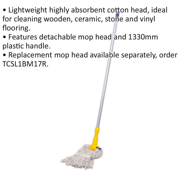 350g Cotton Mop - Detachable Highly Absorbent Head - Lightweight Plastic Handle Loops