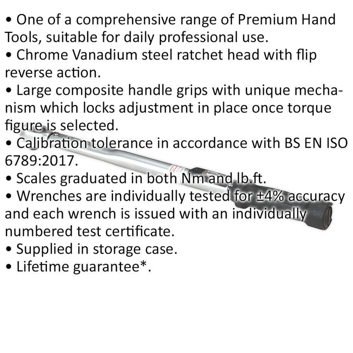 Locking Micrometer Torque Wrench - 1/2" Sq Drive - Calibrated - Flip Reverse Loops
