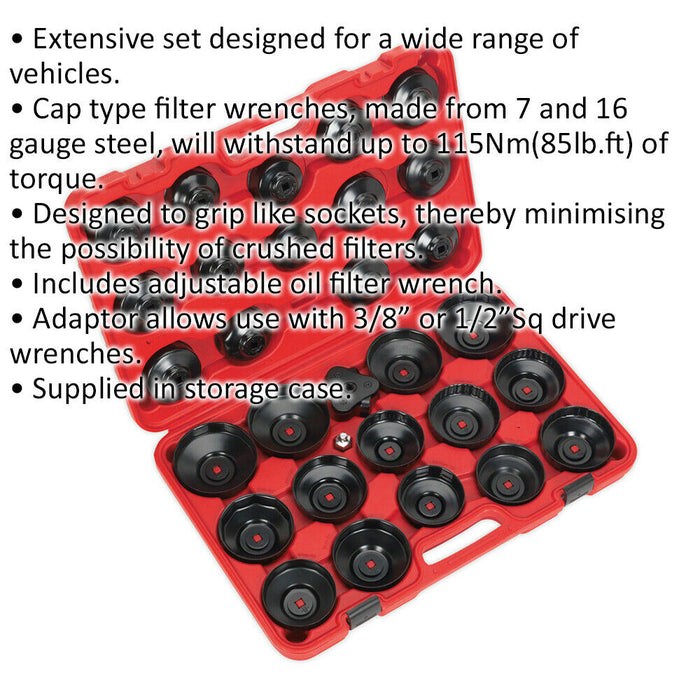 30 Piece Oil Filter Cap Wrench Set - 3/8" & 1/2" Sq Drive - Rust Protection Loops