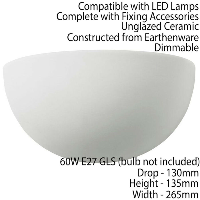 Dimmable LED Wall Light Unglazed Ceramic Round Dome Fitting Lounge Lamp Lighting Loops