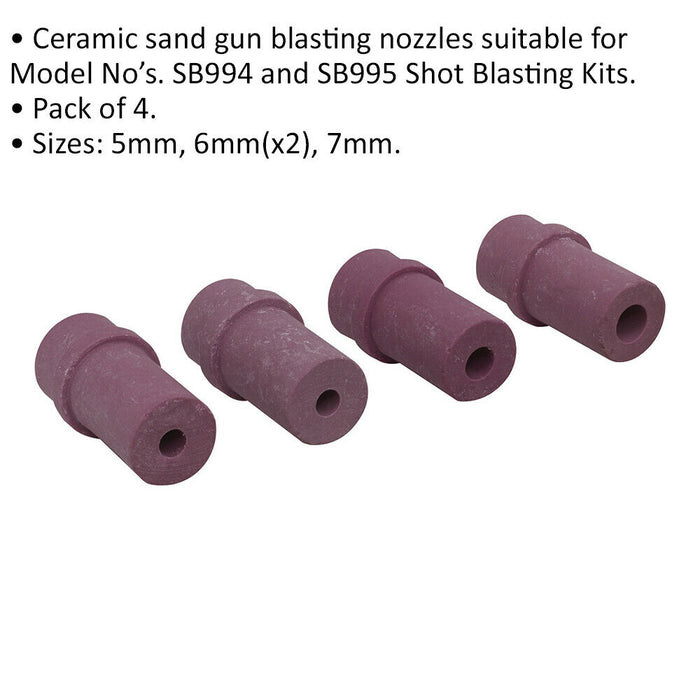 4 PACK - Ceramic Sand / Shot Blasting Gun Nozzles - 5mm 6mm 7mm Replacements Loops