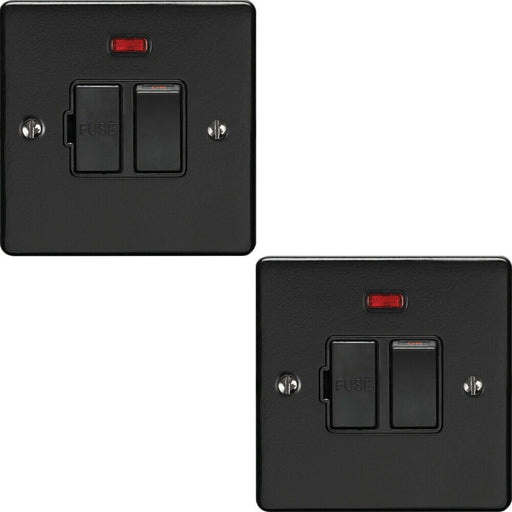 2 PACK 13A DP Switched Fuse Spur & Neon Light MATT BLACK & Black Isolation Loops