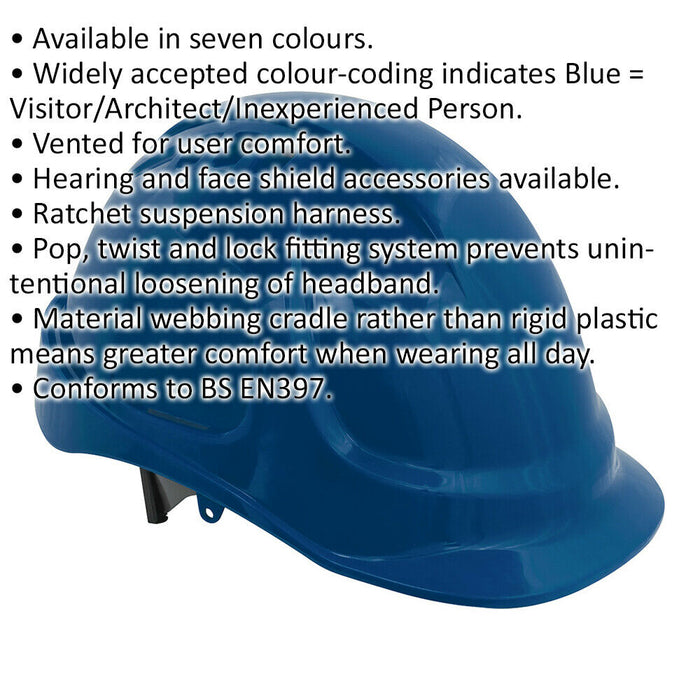 Vented Safety Helmet - Material Webbing Cradle - Accessories Available - Blue Loops
