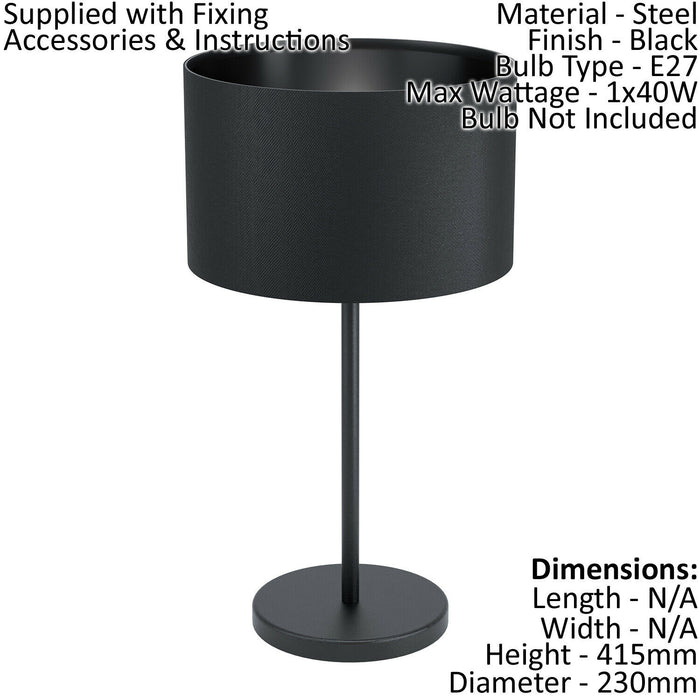 Table Desk Lamp Colour Black Shade Round Black Fabric Slim Stem Bulb E27 1x40W Loops
