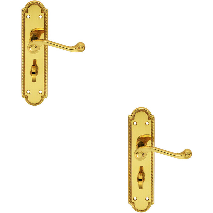 2x PAIR Reeded Scroll Lever on Shaped Bathroom Backplate 205 x 49mm Brass Loops
