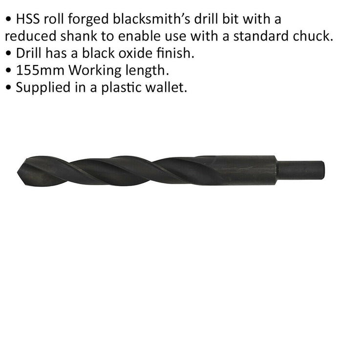 21.5 x 220mm HSS Roll Forged Blacksmith Drill Bit - Reduced Shank - 155mm Flute Loops