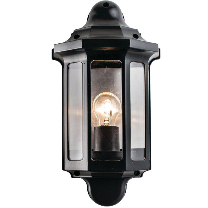 IP44 Outdoor Wall Light Satin Black Half Lantern Traditional Dimmable Porch Lamp Loops