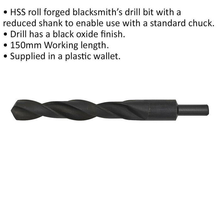 24.5 x 235mm HSS Roll Forged Blacksmith Drill Bit - Reduced Shank - 150mm Flute Loops