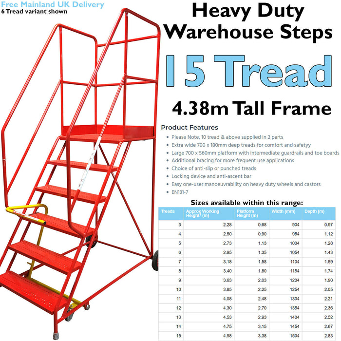 15 Tread HEAVY DUTY Mobile Warehouse Stairs Punched Steps 4.38m Safety Ladder Loops