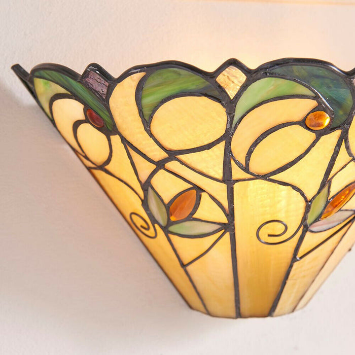 Tiffany Glass Floral Design Wall Light - Matt Black Steel - Dimmable LED Lamp Loops