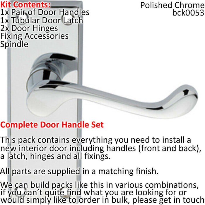 Door Handle & Latch Pack Chrome Victorian Scroll Short Lever Plate 118 x 43mm Loops