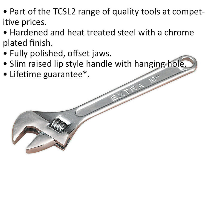 250mm Adjustable Wrench - Chrome Plated Steel - 28mm Offset Jaws - Spanner Loops