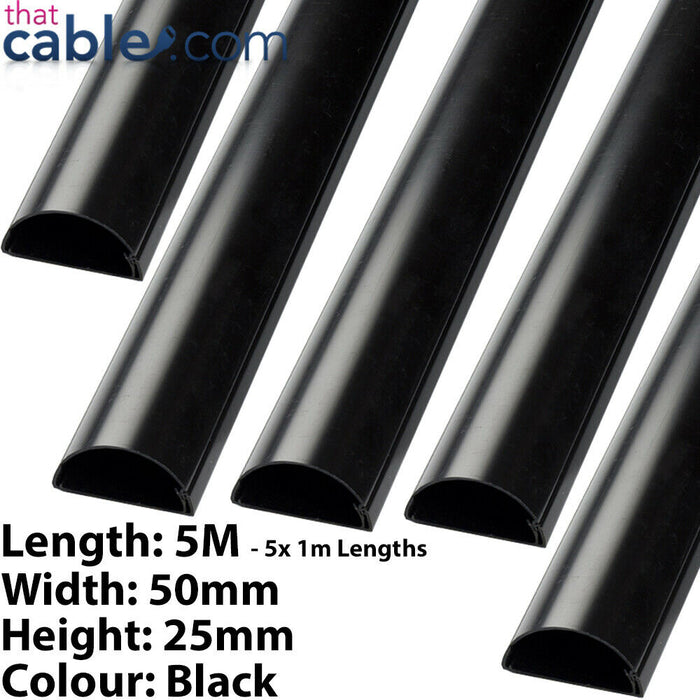 5x 1m (5m) 50x25mm Black Scart Cable Trunking Conduit Cover AV TV Data Wall Loops