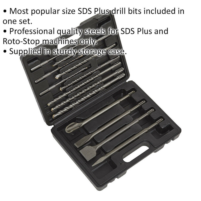 13 Piece SDS Plus Drill Bit & Chisel Set - Impact Breaker Steels - Storage Case Loops