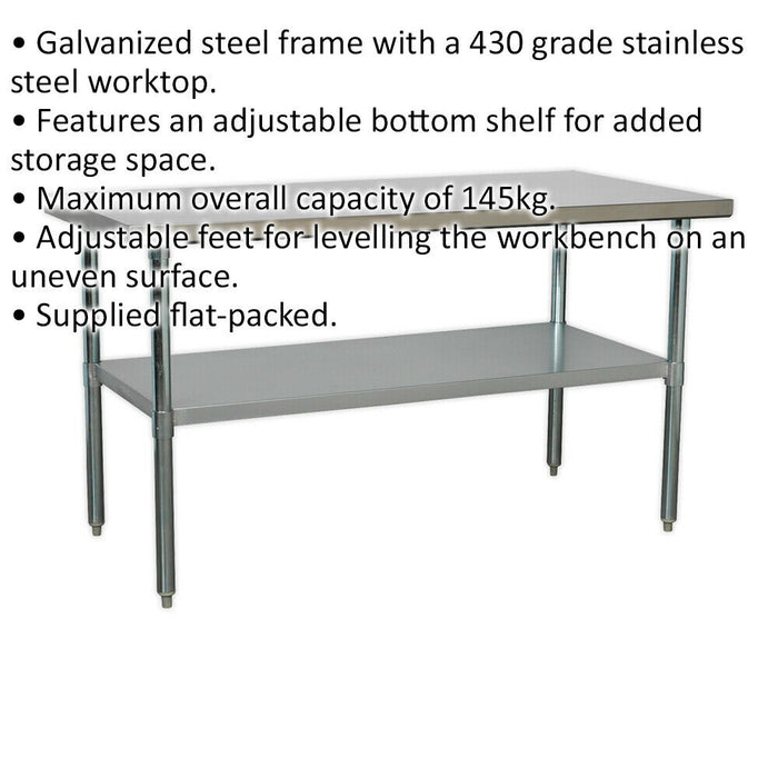 1.5m Stainless Steel Work Bench & Adjustable Storage Shelf - Kitchen Station Loops