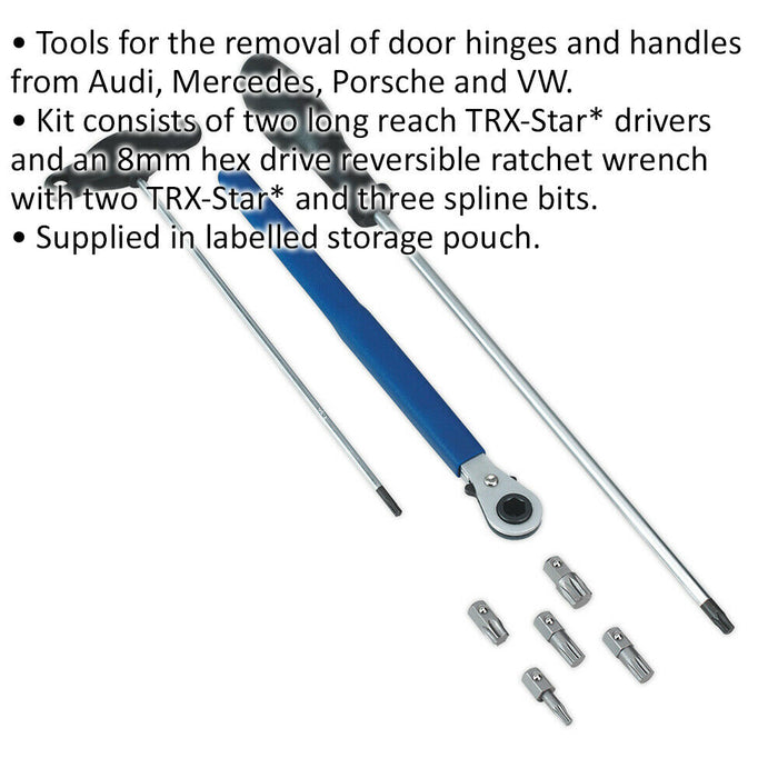 Door Hinge & Handle Removal Kit - 2 x Long Reach TRX-Star Drivers - 8mm Ratchet Loops