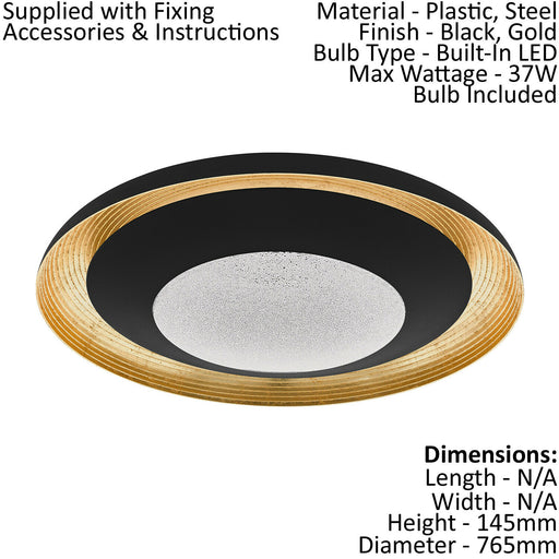 Flush Ceiling Light Black Gold Shade Transparent Plastic With Granille LED 37W Loops