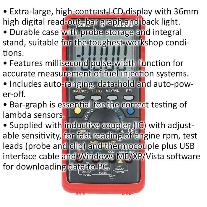 15 Function Digital Automotive Multimeter - Bar Graph & PC Link - LCD Display Loops