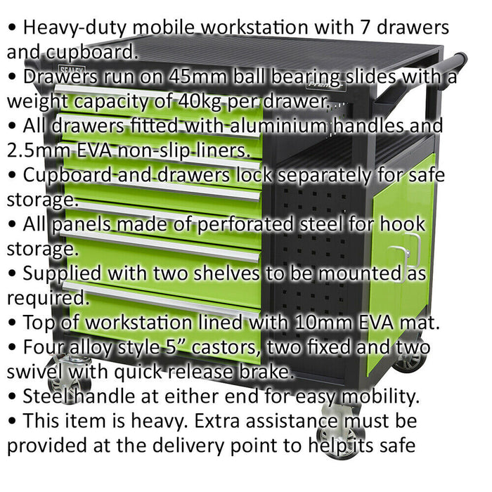 7 Drawer Heavy Duty Mobile Workstation - Twin Door Cupboard - Open Shelves Loops