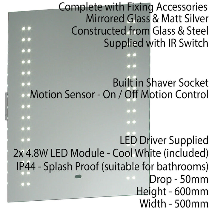 IP44 LED Bathroom Mirror 60cm x 50cm Vanity Light Shaver Socket & Motion Switch Loops