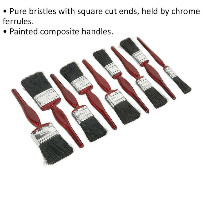 9 Piece Pure Bristle Paint Brush Set - Square Cut Ends - 12mm 25mm 38mm 50mm Loops