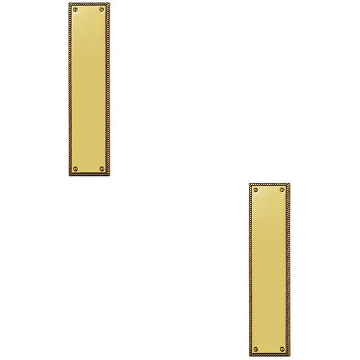 2x Georgian Door Finger Plate 302 x 74mm Rope Design Border Polished Brass Loops