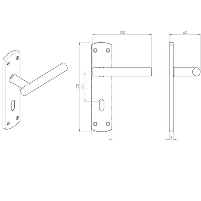 2x Mitred T Bar Lever Door Handle on Lock Backplate 172 x 44mm Satin Steel Loops